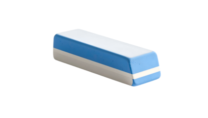 Blue and white eraser on a black background, slanted slightly
