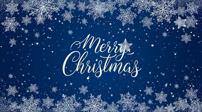 Merry Christmas elegant script on blue background, silver snowflake border with falling snow, festive winter holiday greeting animation