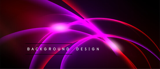 Abstract design features vibrant curves, glowing lines. Dark background enhances bright pink, red hues. Modern aesthetic.