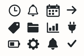 Fototapeta premium Vector battery minimal calendar bell arrow checkmark folder set plug chart icon