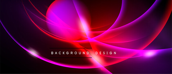 Abstract vibrant lines create dynamic flow. Pink, purple, red hues dominate black background. Modern design element.