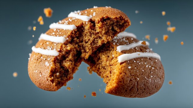 Freshly baked gingerbread cookie, split in half, revealing soft texture and icing drizzle, with crumbs flying in the air, creating a festive and appetizing atmosphere for holiday celebrations