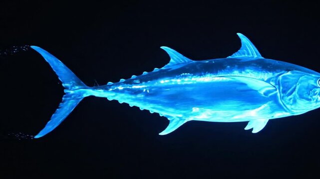 holographic Albacore Tuna in natural motion, on a clean black background.