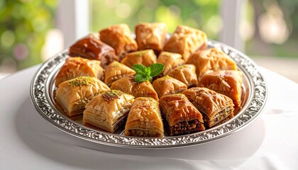 Assortment of Golden Layered Sweet Pastries with Nuts on Decorative Silver Platter