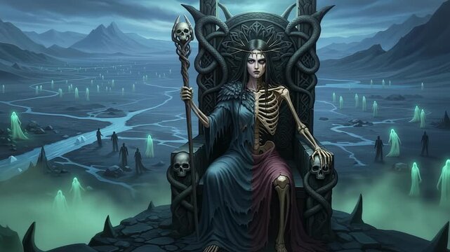 Explore Helheim, the Norse realm of the dead where Hel presides on her throne amid drifting ghostly figures