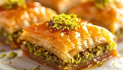 Golden Layered Pastry Dripping with Honey Syrup and Topped with Crushed Pistachios