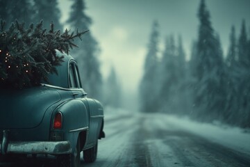 Classic car carrying Christmas tree in snowy forest