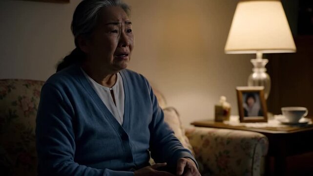 Heartfelt Portrait of a Senior Asian Woman Conveying Grief and Loss through Authentic Emotional Expression and Storytelling within a Warm Home Setting