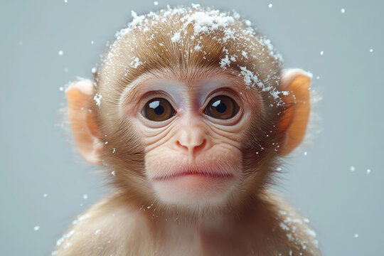 Cute monkey under falling snow looking directly at camera close up winter wildlife scene playful natural animal outdoor snowy environment