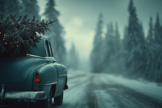 Classic car carrying Christmas tree in snowy forest - Powered by Adobe