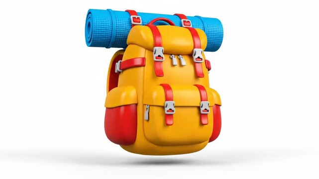 Cute 3d rendered yellow and red cartoon hiking backpack with blue sleeping mat isolated on white background