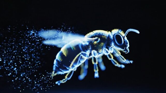 holographic bee that moves naturally, on a clean black background.