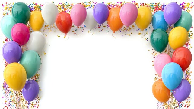 Colorful balloons in various shades of pink, blue, yellow, green, and purple create a festive border around a blank space, perfect for celebration invitations or announcements with copy space - Powered by Adobe