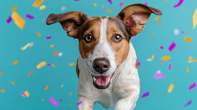 Happy dog jumping in the air with joyful expression, surrounded by colorful confetti against a bright blue background, capturing a festive and playful atmosphere of celebration