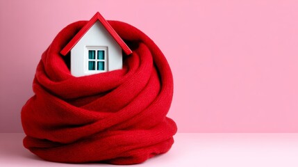 Miniature house wrapped in cozy red scarf, set against a soft pink background, symbolizing warmth, comfort, and protection in a stylish and inviting home environment