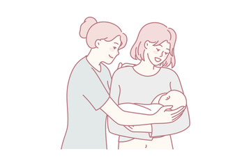Happy nurse and young mother holding newborn baby on hands. Smiling mom meeting child infant have comfort from doctor. Motherhood concept. Flat vector illustration.