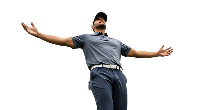 Golfer celebrating victory with arms wide open, isolated on a white background.