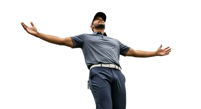 Golfer celebrating victory with arms wide open, isolated on a white background.
