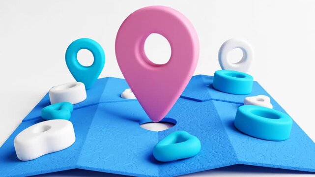 3d rendering of location pin on folded blue map with abstract marker icons isolated on white background