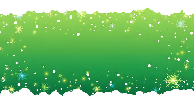 Green background with a border of white snow and sparkling snowflakes, creating a festive winter scene. - Powered by Adobe