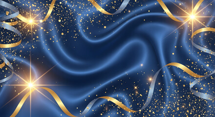 Elegant blue satin backdrop with golden and silver streamers, glitter, and bright sparkles.