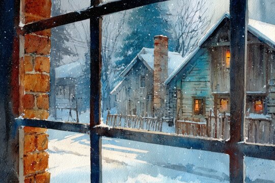 Watercolor snowscape view through abstract window