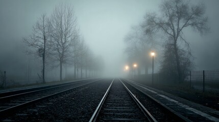 Fototapeta premium Mysterious Foggy Landscape with Railroad Tracks and Dim Streetlights in a Gloomy Atmosphere at Twilight During Winter Season