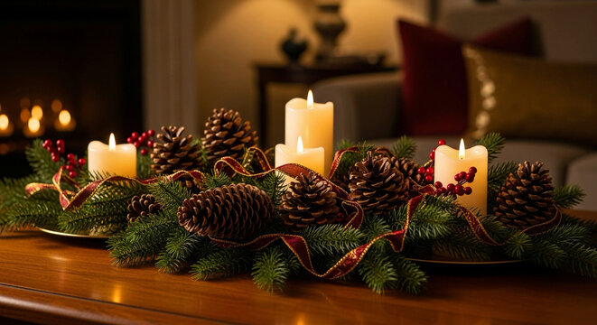 A cozy holiday centerpiece featuring lit candles, pinecones, evergreen boughs, and red ribbon on a coffee table in a warm, dimly lit room. - Powered by Adobe