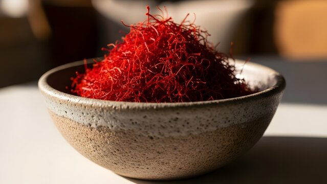 A rustic bowl filled with vibrant red saffron threads a precious and aromatic spice