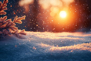 Snowy background with bright sunlight and pine branch winter scene crisp fresh outdoors space reserved for text clean seasonal composition