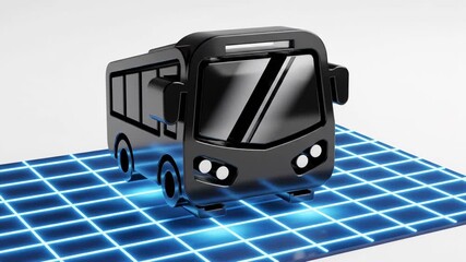 Glossy black 3d icon of a modern bus driving on a glowing blue neon grid surface isolated on white background - Powered by Adobe