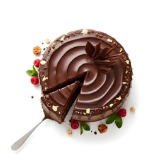 Decadent Flat Lay of Elegant Chocolate Cake on Pure White Background