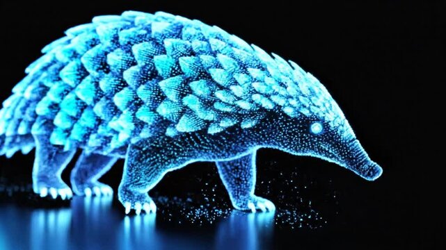Holographic pangolin moving naturally, on a clean black background.