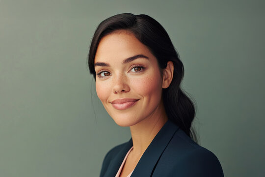 Portrait of confident businesswoman in suit smiling against plain background, professional headshot concept for company and personal branding.