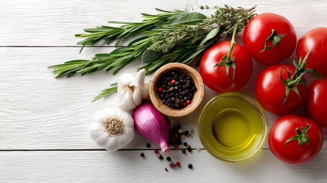 Fresh red tomatoes, garlic, purple onion, black pepper, olive oil, and aromatic herbs arranged on a rustic wooden surface, showcasing vibrant ingredients for culinary creativity and healthy cooking - Powered by Adobe
