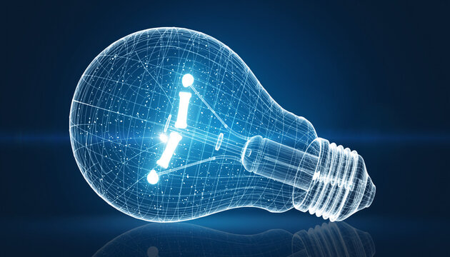 Digital Blueprint of Illumination: A striking digital representation of a light bulb, symbolizing innovation and ingenuity, glows with vibrant lines and a network of intricate details.
