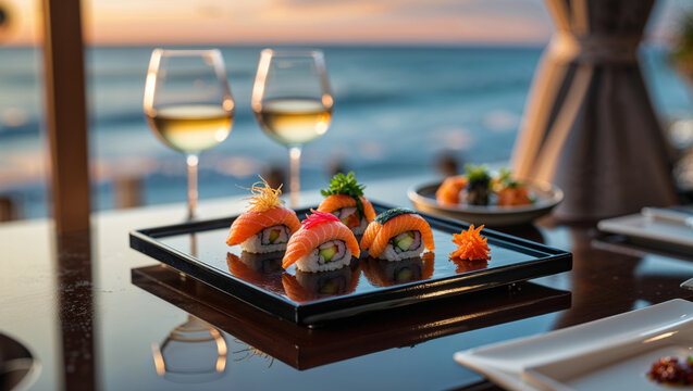 Delicious sushi rolls with salmon and wine glasses on a table by the sea - Powered by Adobe