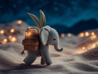 Cute Winter Elephant Character in Snowy Night Scene