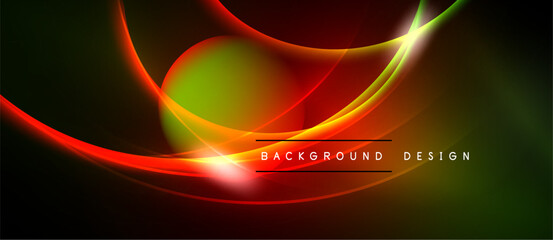 Abstract vibrant design features flowing lines, gradients. Red, green, yellow hues dominate dark background. Modern aesthetic.