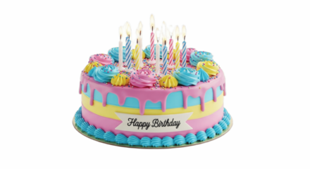 Bright Colorful Birthday Cake with Frosting, Drips, and Lit Candles – Festive Celebration Dessert Perfect for Parties, Kids’ Birthdays, Anniversaries, and Special Occasions in Baking and Event Promoti