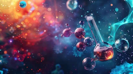 Celebration of world science day with vibrant molecular and chemical experiment design. World Science Day for Peace and Development. Horizontal banner. Copy space. World youth skills day