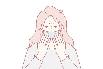 woman holding tissue to mouth with worried expression, clear signs of cough or cold and concern about health and hygiene soft line work conveys vulnerability, self care, and need