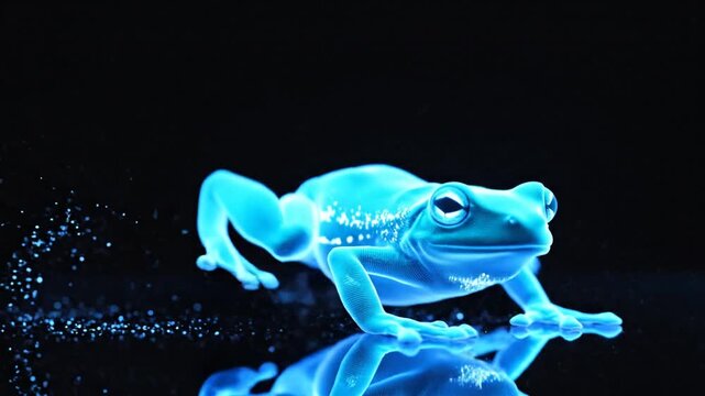 A holographic frog that moves naturally, on a clean black background.