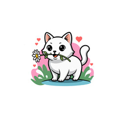 Cute White Kitten Holding A Daisy Flower In Its Mouth