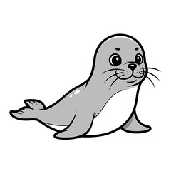 Cartoon illustration of a gray seal with large eyes and whiskers, lying down.