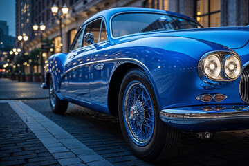Classic blue car parked on a cobblestone street at dusk