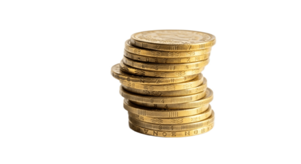 Shiny Stack of Gold Coins Isolated on White – Symbol of Wealth, Savings, Investment, Profit, and Financial Growth – Perfect Concept Image for Banking, Forex, Cryptocurrency, Business, and Economic Top