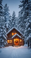 Enchanting Wooden Cabin in a Snow-Covered Forest, Radiating Warmth During a Peaceful Winter Evening