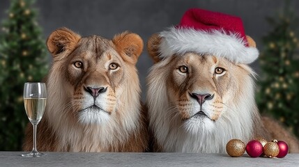 Two majestic lions adorned with festive Santa hats, sitting elegantly at a table with a glass of champagne and colorful holiday ornaments, celebrating the joyous spirit of the season