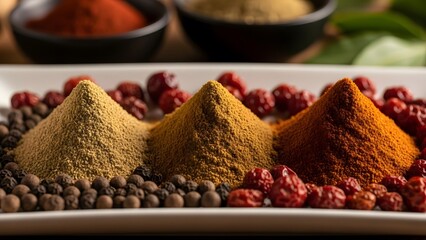 Three colorful spice mounds on a white platter with peppercorns and dried berries
